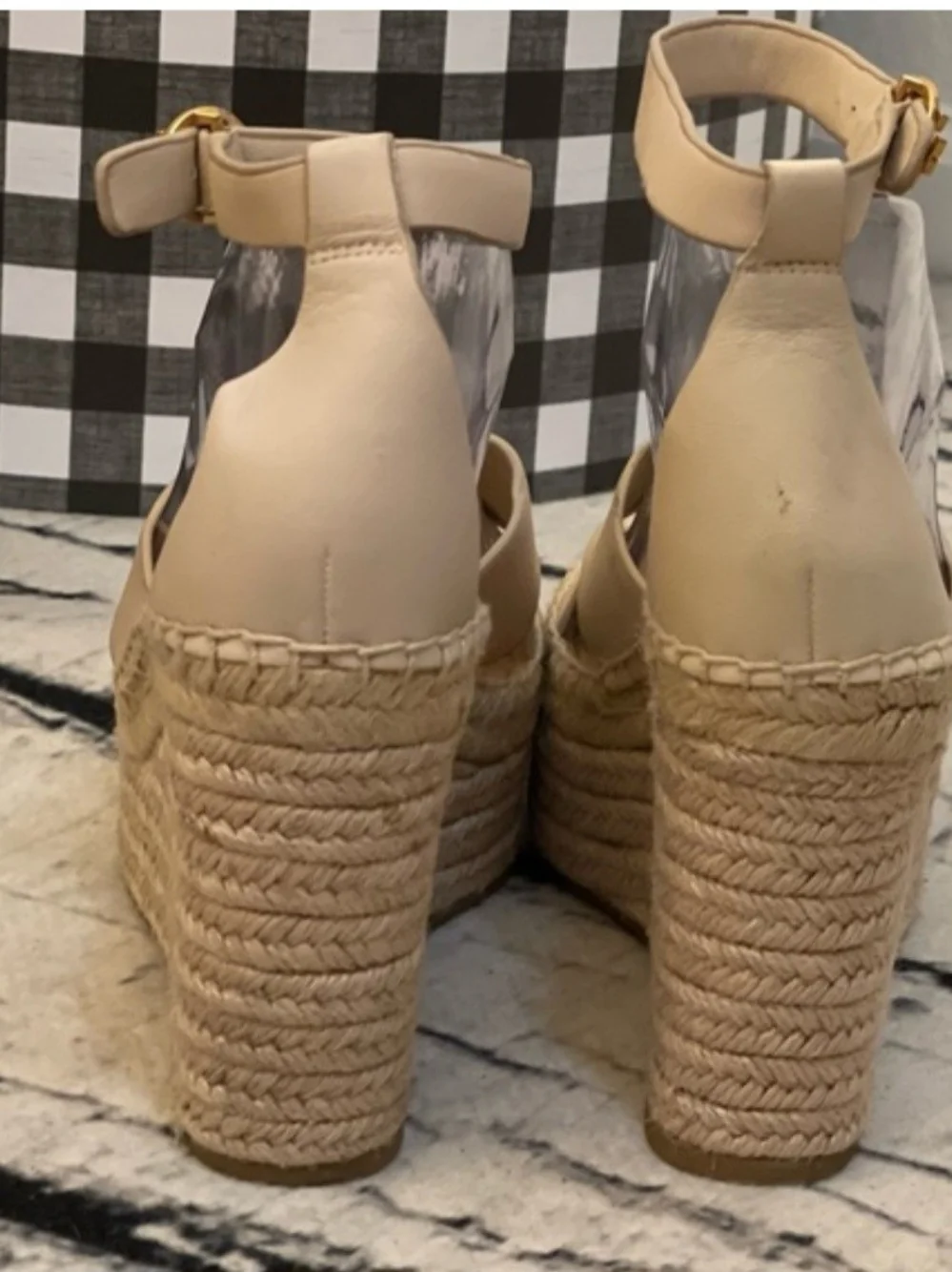 Tory Burch Selby Tan Leather Espadrille Ankle-Strap Wedge Sandals. Size 10